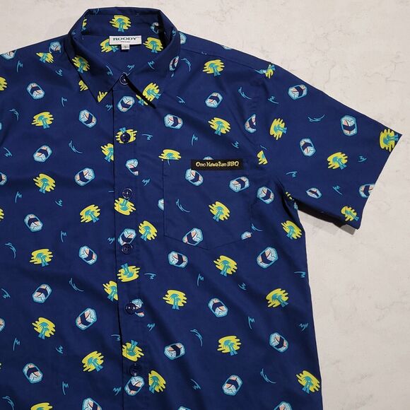 Ono Hawaiian BBQ Roody Aloha Camp Shirt Palms Sushi All Over Print SMALL NWOT - Picture 1 of 16